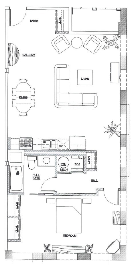 A black and white floor plan of a house with labeled rooms.